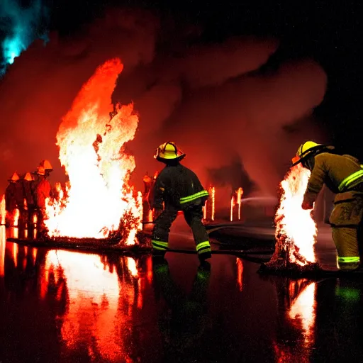 Prompt: firefighters in infrared reflective suits spraying burning flames from flamethrowers, government public domain photograph