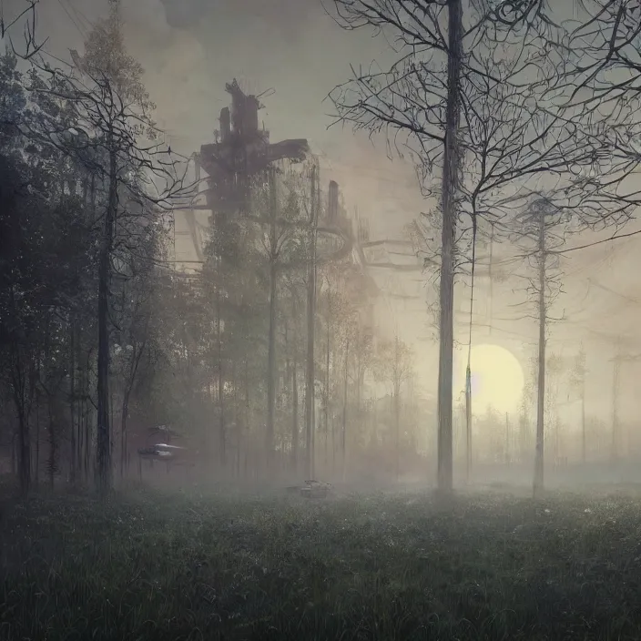 Image similar to a beautiful painting of pripyat by simon stalenhag and zdzisław beksinski and rene magritte and greg rutkowski, in style of digital art. hyper detailed, sharp focus, soft light. unreal engine 5. ray tracing. trending on artstation