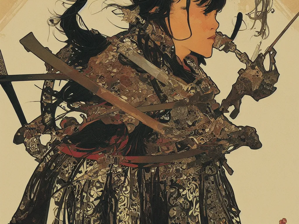 Prompt: close up of a samurai in full armor, by fiona staples, alphonse mucha, sachin teng