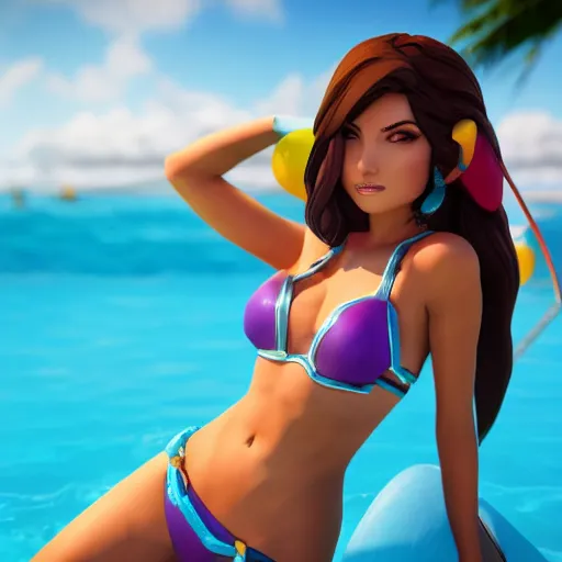 Image similar to beautiful render of pool party Caitlyn (league of legends) looking at the horizon in a hawaii beach, 3d, octane render, realistic, highly detailed, trending on artstation