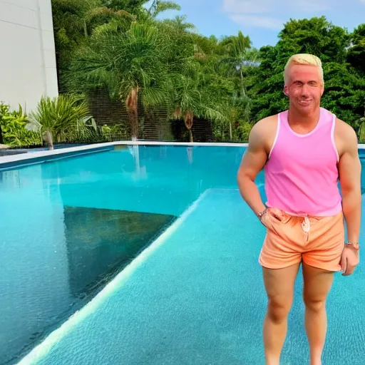 Prompt: a handsome man with blonde hair, ken, who is a male android, muscular, wearing a cut - off pink top and short light orange shorts, stands by a swimming pool, facing forward