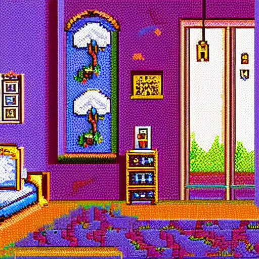 Prompt: 9 0 s bedroom, beautiful detailed pixel art, intricate details, beautiful, dithered gradients, volumetric lighting, 3 d illustration, old school computer game graphics, crpg, d & d, pixel art