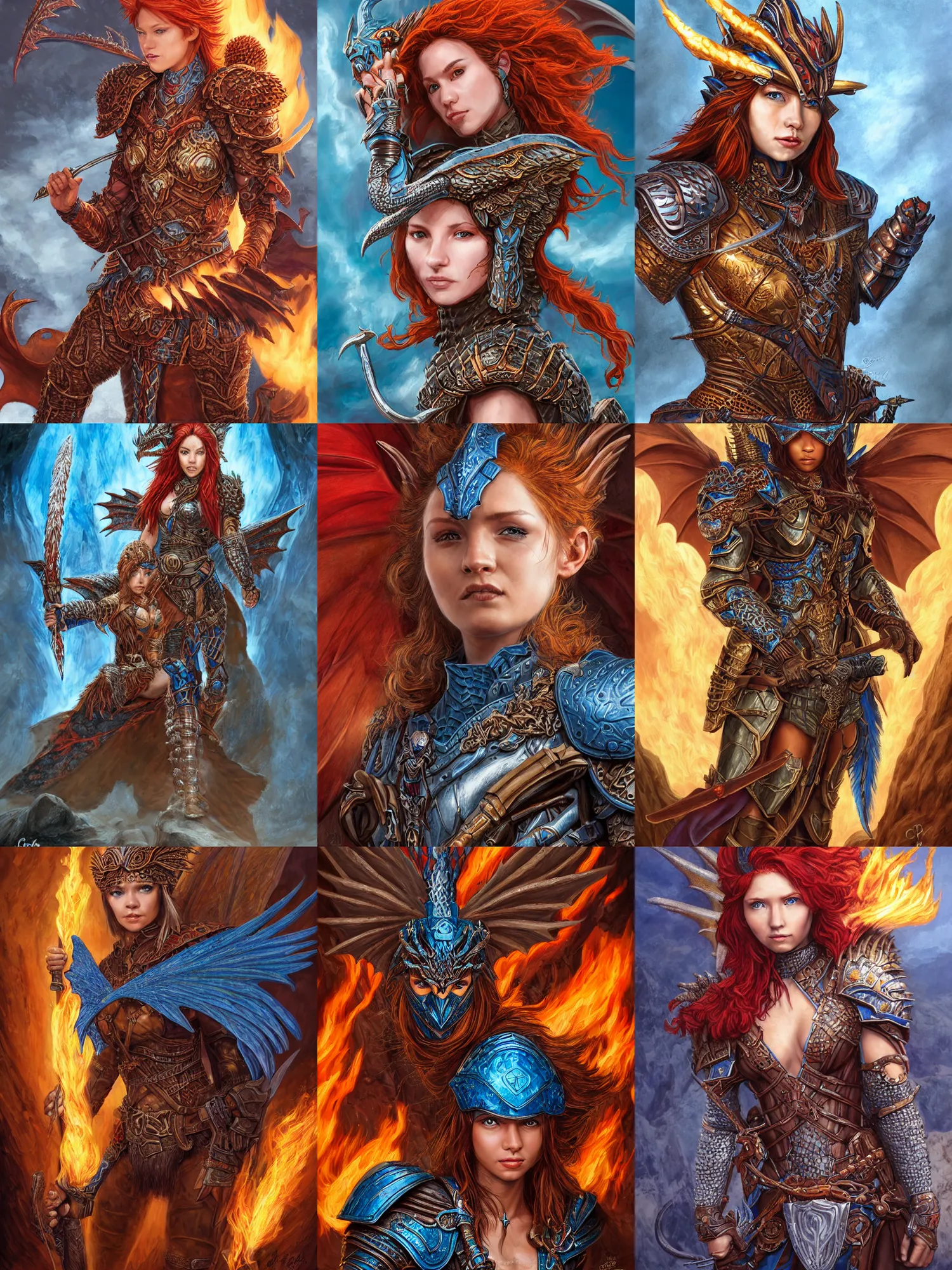 Prompt: portrait of a dnd dragon hunter in the intricate thunderous mountains, female, strong, symmetric wings, dragon inspired blue armor, red hair, helmet, pretty, fire, brown skin, high fantasy, detailed face, highly detailed, sharp focus, smooth, digital illustration, by clyde caldwell