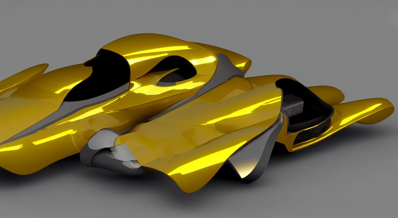 Prompt: 3d vray render of a futuristic art deco car from a 60s sci-fi movie dramatic yellow lighting syd mead channah yata