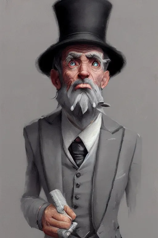 Image similar to a grey hair ageing halfling short with stubble top hat and suit by Greg Rutkowski, painting, HD, high details, trending on artstation
