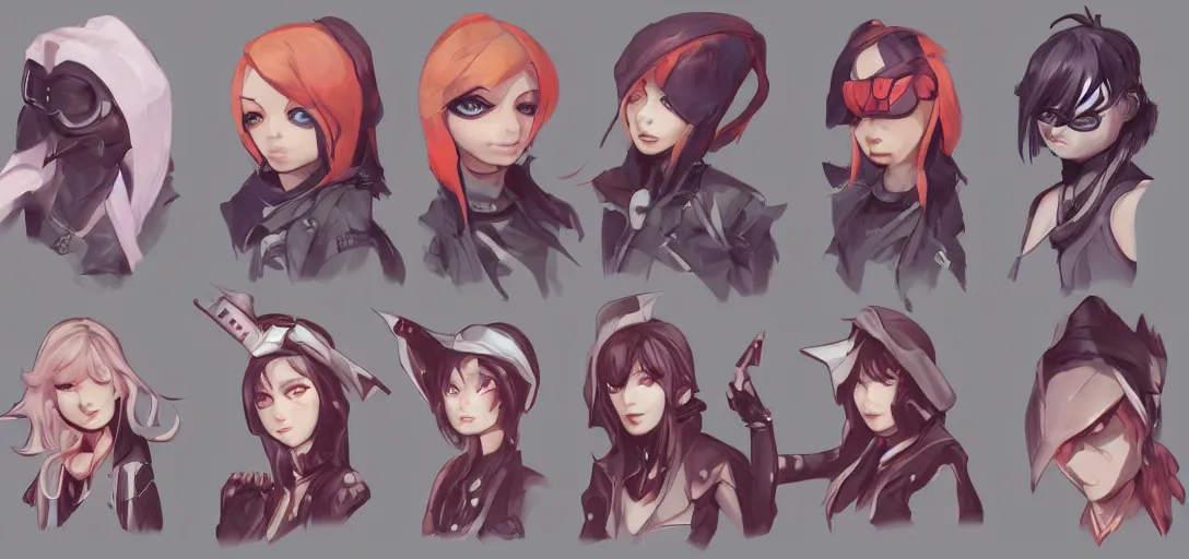 Image similar to concept art of female video game characters head designs, gothic, disgaea, flcl, overwatch, unique silhouettes, cute casual streetwear, by marc brunet and artgerm