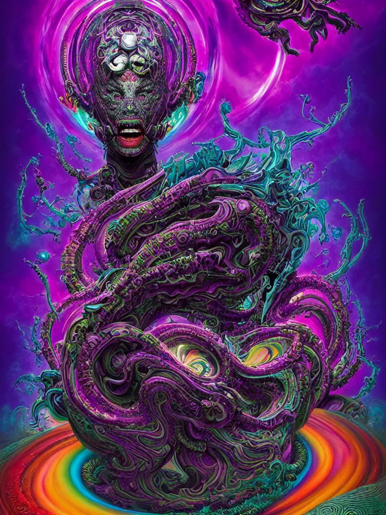 Image similar to depicting a wrathful technological nightmare monster god, in the style of lisa frank, exuberant organic elegant forms, by karol bak and filip hodas : : 1. 4 purple, red, blue, green, black intricate mandala explosions : : intuit art : : turbulent water backdrop : : damask wallpaper : : atmospheric