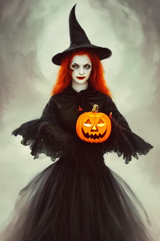 Image similar to portrait of a ghoulish victorian witch holding a jack - o - lantern, halloween night, charlie bowater, artgerm, ilya kuvshinov, krenz cushart, ruan jia, realism, ultra detailed, 8 k resolution