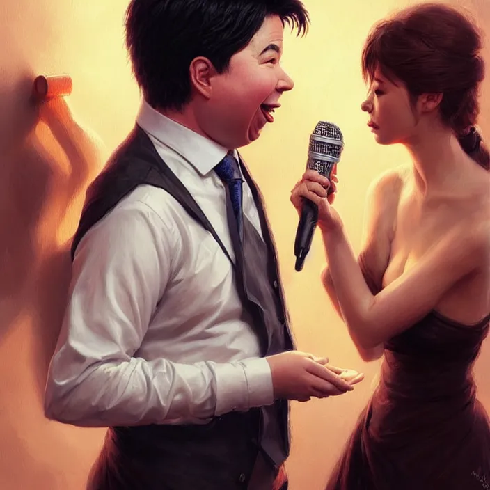 Image similar to michael mcintyre flirting with a singing waitress, elegant, real life skin, intricate artwork, high detailed, artstation, concept art, smooth, sharp focus, art by artgerm and greg rutkowski