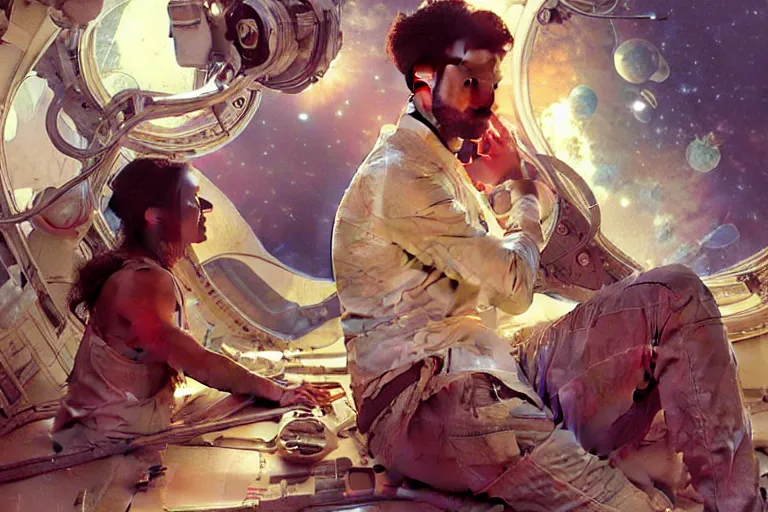 Image similar to Pensive good looking pale young Indian doctors wearing jeans in a space station above Earth, portrait, elegant, intricate, digital painting, artstation, concept art, smooth, sharp focus, illustration, art by artgerm and greg rutkowski and alphonse mucha