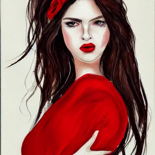 Image similar to an exquisite portrait illustration, a woman with long hair and red dress, white and flawless skin, heavy makeup, thick paint, brush strokes, white background