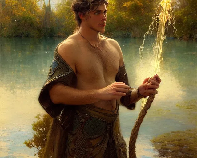 Prompt: attractive male wizard casting water spell in a beautiful lake. highly detailed painting by gaston bussiere, craig mullins, j. c. leyendecker 8 k