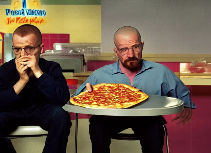 Image similar to portrait of walter white eating pizza sitting with president obama at chuck - e - cheese, dramatic lighting, moody film still from breaking bad ( 2 0 1 2 ), 3 5 mm kodak color stock, 2 4 mm lens, directed by rian johnson, ecktochrome