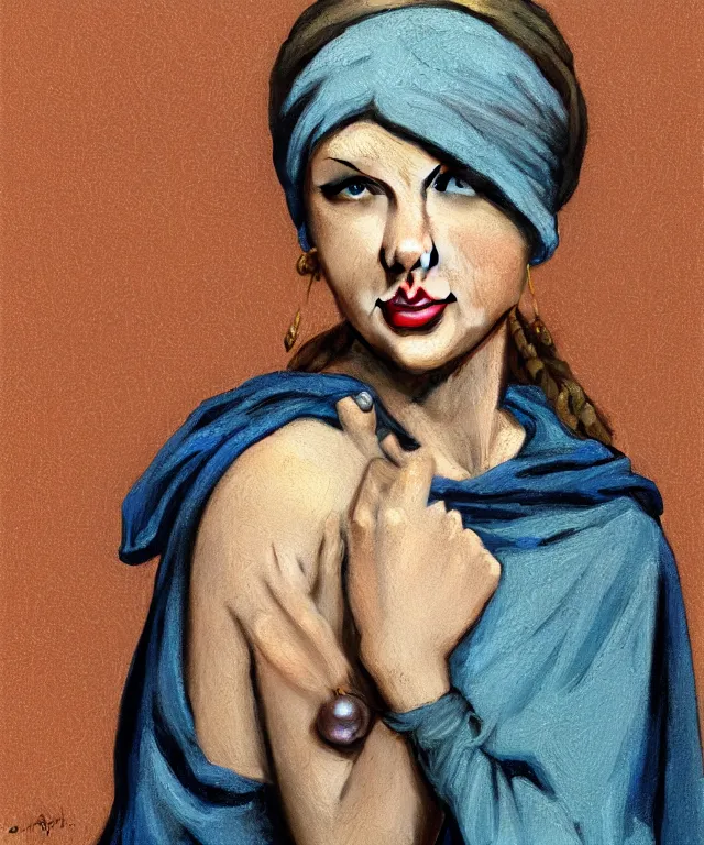 Image similar to Taylor Swift as the girl with the pearl earring, highly detailed, digital painting, artstation, concept art, smooth, sharp focus, illustration, ArtStation, art by artgerm and greg rutkowski and alphonse mucha and J. C. Leyendecker and Edmund Blair Leighton and Katsuhiro Otomo and Geof Darrow and Phil hale and Ashley wood and Ilya repin and Charlie Bowater