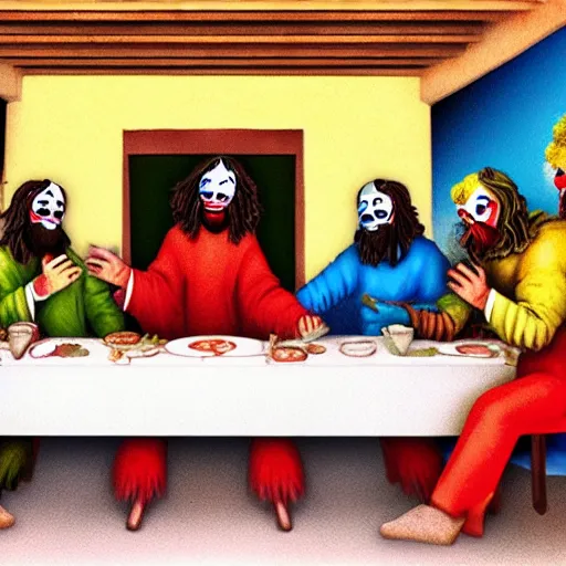 Prompt: last Supper of clowns, high quality, hyperdetalied,artstation,8K,
