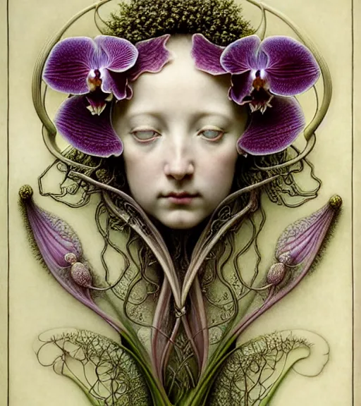 Image similar to beautiful young orchid fairy detailed realistic porcelain face portrait by jean delville, gustave dore, iris van herpen and marco mazzoni, art forms of nature by ernst haeckel, art nouveau, symbolist, visionary, gothic, neo - gothic, pre - raphaelite, fractal lace, intricate alien botanical biodiversity, surreality, hyperdetailed ultrasharp octane render
