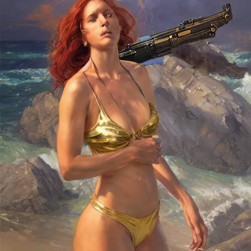 Prompt: highly detailed portrait of a female james bond, d & d. wearing a bikini, art by donato giancola, eugene delacroix, ruan jia, carl larsson, peter mohrbacher. trending on artstation, intricate details, energetic composition, golden ratio, concept art, illustration, elegant art, global illuminaition