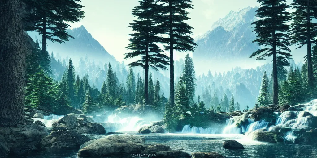 Image similar to epic landscape. mountains. river. waterfall. pine trees. lake. forest. cinematic. epic. high details, photorealistic. concept art. artstation trending. photorealistic. 3 5 mm film.