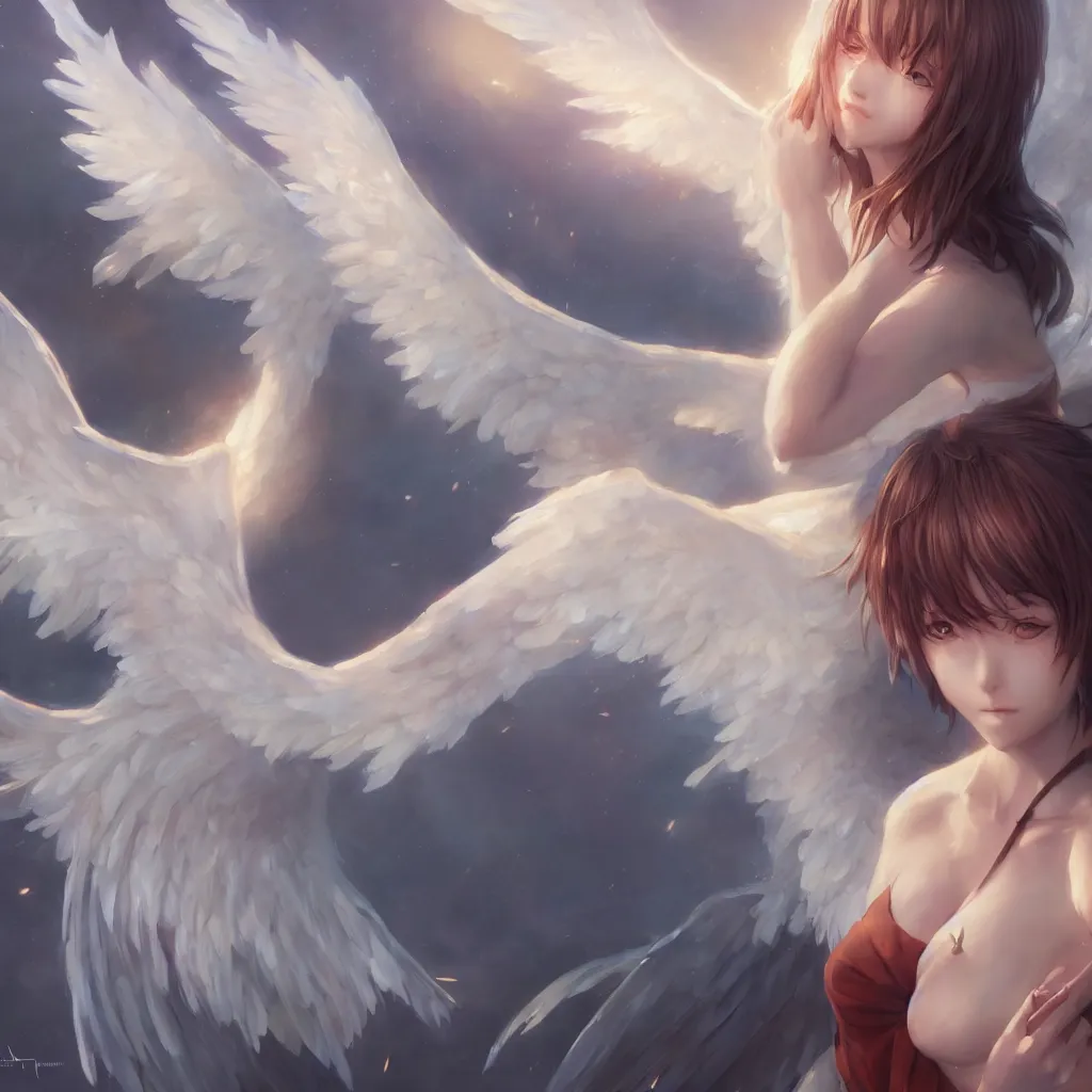 Image similar to an oil painting of a beautiful anime girl with angel wings, by artgerm, wlop and greg rutkowski, hd, hdr, ue 5, ue 6, unreal engine 5, cinematic 4 k wallpaper, 8 k, ultra detailed, high resolution, artstation, award winning