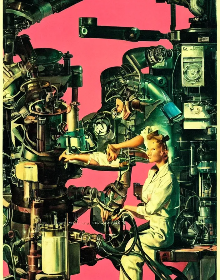 Image similar to a female mad scientist building a retro robotic!!! man!!!, in a darkly lit laboratory room, 1 9 5 0 s horror film movie poster style, ( norman rockwell oil painting ), retro science fiction, vintage, saturated pink and green lighting, shadowy lighting