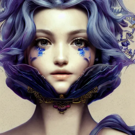 Image similar to the portrait of a blueberry that resembles an absurdly beautiful, graceful, elegant, sophisticated gravure idol, an ultrafine hyperdetailed illustration by kim jung gi, irakli nadar, intricate linework, bright colors, octopath traveler, final fantasy, unreal engine 5 highly rendered, global illumination, radiant light, detailed and intricate environment