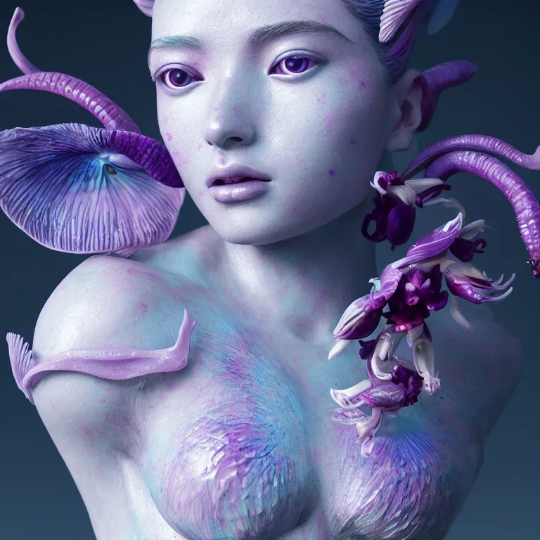 Image similar to goddess full painted acryllic sculpture close-up portrait. orchid bird betta fish, intricate artwork by Tooth Wu and wlop and beeple. octane render, trending on artstation, greg rutkowski very coherent symmetrical artwork. cinematic, hyper realism, high detail, octane render, 8k