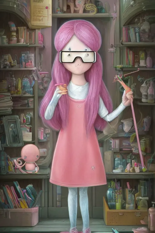 Prompt: highly detailed, natural light portrait of a young adult princess bubblegum from adventure time, experimenting in her castle lab, wearing lab coat & saftey goggles, long bubblegum hair with long straight bangs, beautiful, extremely cute, adorable, illustration concept art by nicoletta ceccoli, mark ryden, lostfish, detailed and intricate environment, 8 k resolution, hyperrealistic, octane render