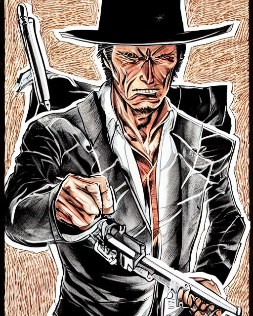 Prompt: Digital color pen drawing of Clint Eastwood from JoJo\'s Bizzare Adventure, highly detailed, sharp focus, screentone shading, 1990 manga panel, trending on ArtStation, manga cover art drawn by Hirohiko Araki