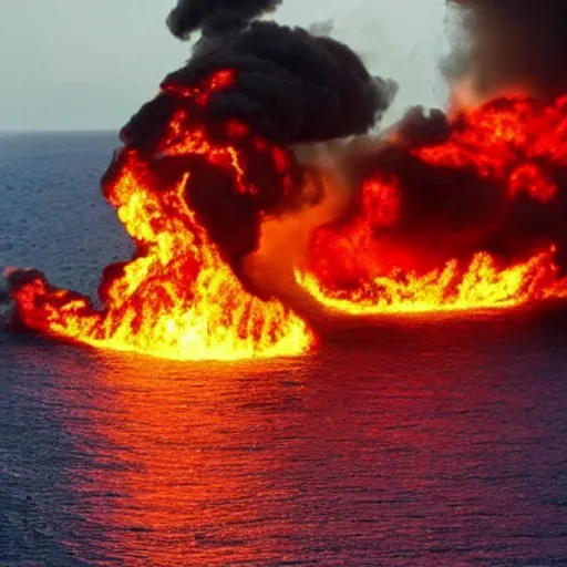 Prompt: plastic in the ocean, oil spill in the ocean, the ocean is literally on fire