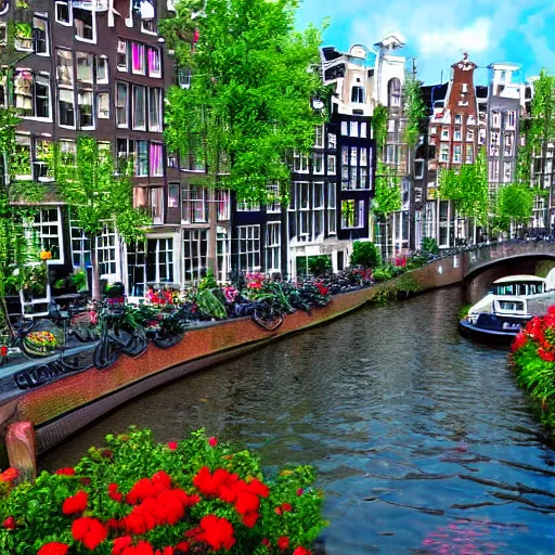 Prompt: city of amsterdam, filled with plants and flowers, canals, trending on artstation