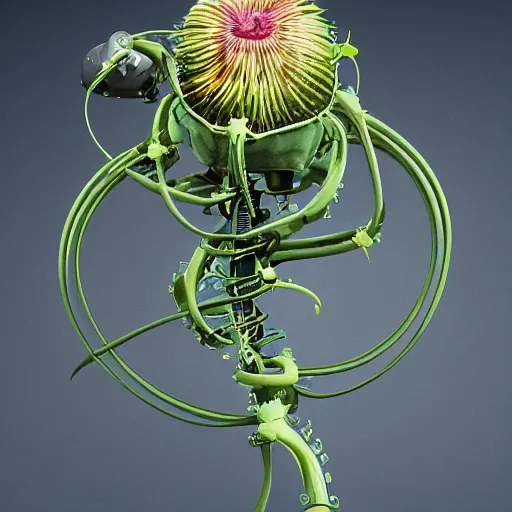 Prompt: a biomechanical passion fruit flower, cybertronic, retrofuturistic