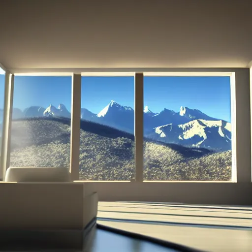 Prompt: looked at big window, mountains in background, sunny day time, clear sky, futuristic, furnitures, ultra realistic, ultra detailed, cinematic light