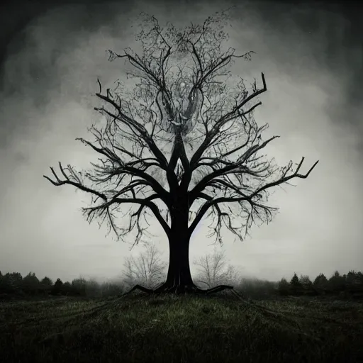 Image similar to A realistic looking album cover of a black metal band depicting a very large dead oak tree that is on fire, standing far in front of a dark forest, the weather is clear but there is some fog