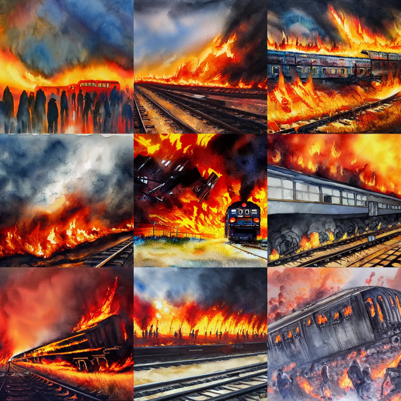 Prompt: one million people in one burning train, artistic watercolour oil painting, 4 k, concept art