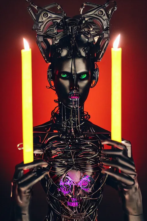 Prompt: full-body cyberpunk style sculpture of a young beautiful dark priestess, half android with a head opening exposing circuitry, glowing red eyes, black roses, flowing blood red colored silk, fabric, candles, baroque elements, human skull, full-length view, baroque element. intricate artwork by Caravaggio. crows flying in background. Trending on artstation, octane render, cinematic lighting from the right, hyper realism, octane render, 8k, depth of field, 3D