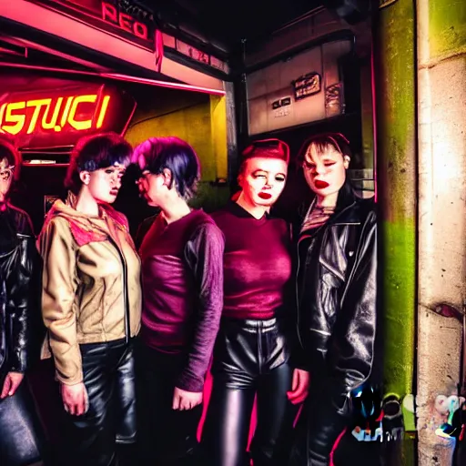 Prompt: photograph of a retro techwear group of women loitering near the bar of a packed busy rundown nightclub, retrofuturism, brutalism, cyberpunk, sigma 85mm f/1.4, 15mm, 35mm, long exposure, 4k, high resolution, 4k, 8k, hd, wide angle lens, highly detailed, full color, harsh light and shadow