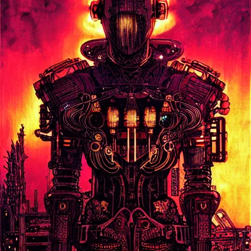 Image similar to cyberpunk knight, atmospheric lighting, painted, intricate, golden hour, ultra detailed by philippe druillet