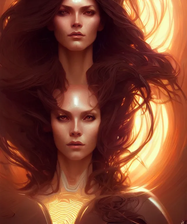 Image similar to futuristic woman portrait, sci-fi, amber eyes, face, long hair, fantasy, intricate, elegant, highly detailed, digital painting, artstation, concept art, smooth, sharp focus, illustration, art by artgerm and greg rutkowski and alphonse mucha