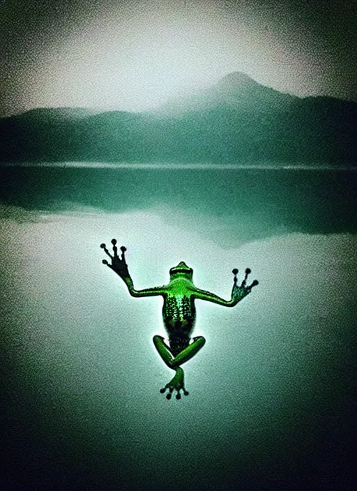 Prompt: “ghostlike frog amphibian vertically hovering over misty lake waters in jesus christ pose, low angle, long cinematic shot by Andrei Tarkovsky, paranormal, eerie, mystical”