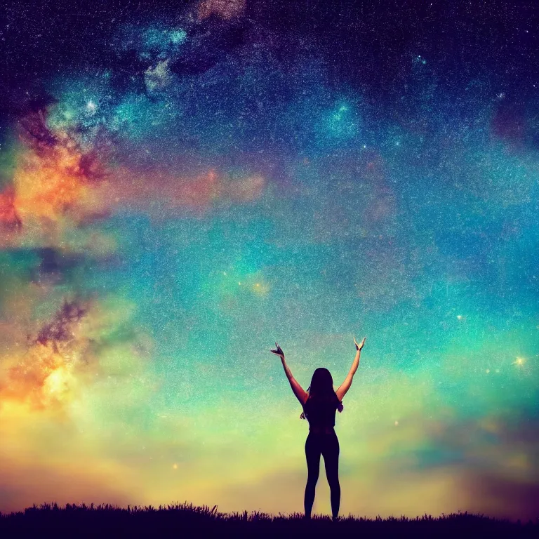 Image similar to a beautiful landscape of a starry sky with an beautiful woman waving to the horizon, cinematic, dramatic, color grading, photojournalism, colorful, highly detailed