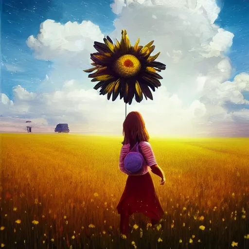 Image similar to giant daisy flower as a head, girl walking in flower field, surreal photography, night moon light, dramatic, impressionist painting, clouds, digital painting, artstation, simon stalenhag