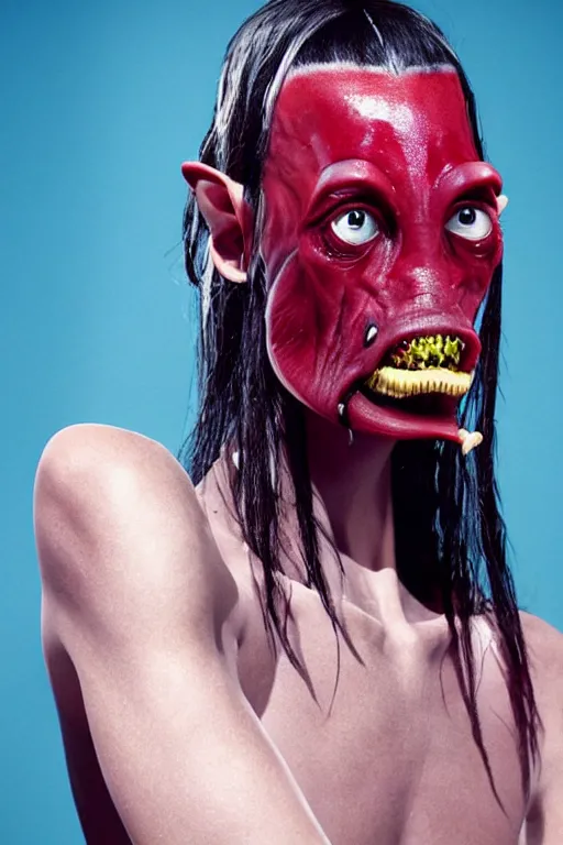 Image similar to rick owens campaign featuring jar jar binks as a female cowgirl, long eyeslashes, huge juicy lips, big seductive eyes, unprocessed colors, # nofilter, realistic vfx simulation