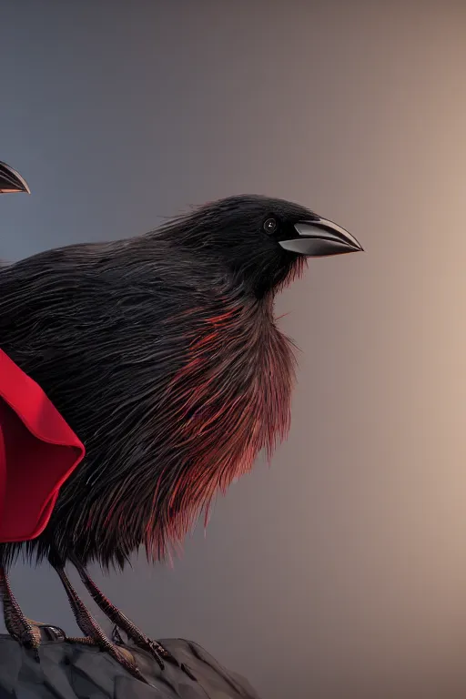 Image similar to 2 Crows wearing a red formal overcoat, hyperrealistic, concept art, octane render, unreal engine 5, trending on DeviantArt, highly detailed, high quality, 8K, soft lighting, cute, natural lighting, realistic face, trending on Artstation, elegant clothes, profile picture, path traced, house background