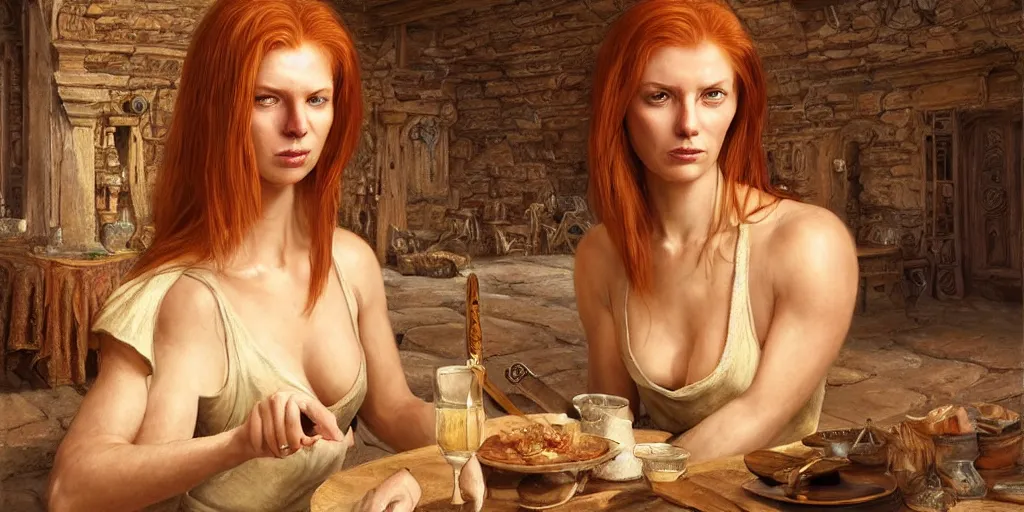 Image similar to ginger woman with problems, sitting and drinking in an ancien tavern and playing with a knife, attractive, warrior, strong body, action pose, ancient, sand, emerald, intricate, highly detailed, digital painting, artstation, concept art, smooth, sharp focus, illustration, Unreal Engine 5, 8K, art by artgerm and greg rutkowski and alphonse mucha