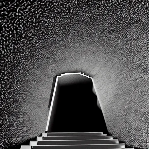 Image similar to a staircase heading to a black hole, dark scary figure standing at the top of the staircase