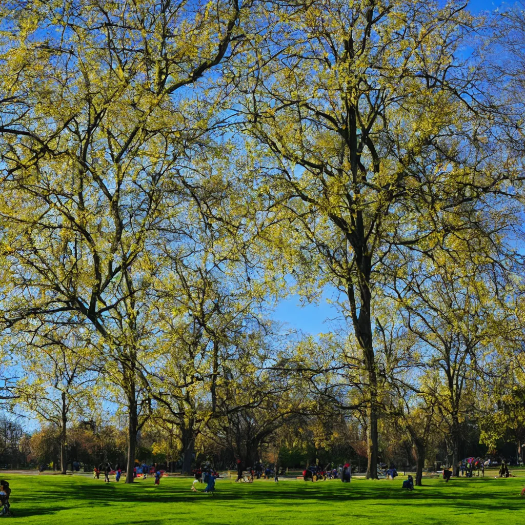 Image similar to a bright sunny weekend day at the park