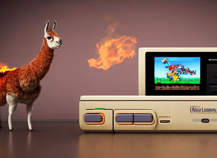 Image similar to A commercial photo of a super-nintendo with a fire llama painting, studio background, studio lighting, photorealistic, octane render, 8K, highly detailed, high quality, prpduct photo