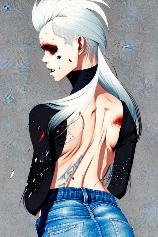 Prompt: a ultradetailed beautiful back painting of a stylish woman with white hair in a short pony tail, she is wearing jeans, by conrad roset, greg rutkowski and makoto shinkai trending on artstation