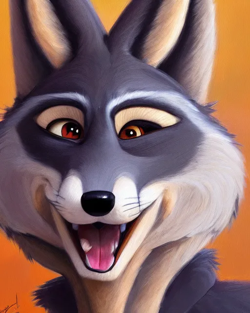 Image similar to oil painting of anthromorphic female wolf, in style of zootopia, female fursona, furry, furaffinity, 4 k, deviantart, furry art, fursona art, wearing black business suit, business suit, wolf fursona, female, very expressive detailed feminine face,