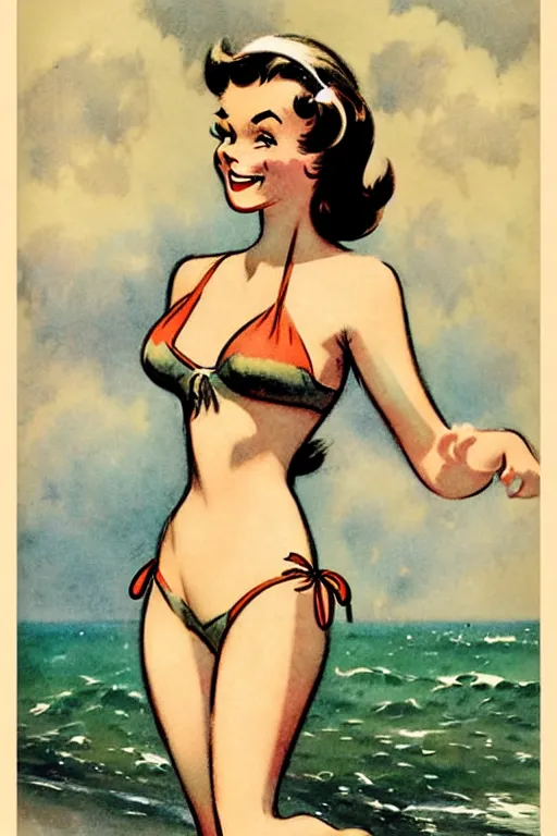 Prompt: 1950s adventure bikini girl, character illustration. muted colors, by Jean-Baptiste Monge